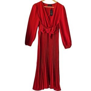 Amazon Seta T Elegant Wrap V-Neck Long Sleeve Slim Pleated Long Dress with Belt